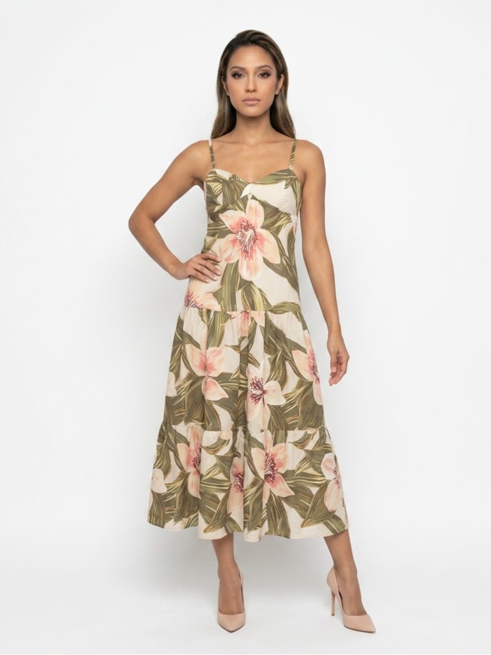 NWT Taylor Floral Tiered Dress Sz S Cream, Pink & Green Cotton Spaghetti Straps